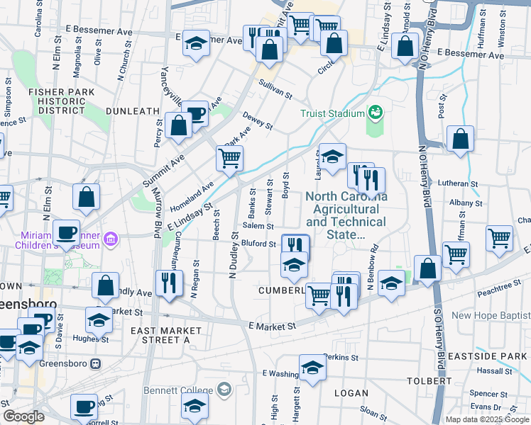 map of restaurants, bars, coffee shops, grocery stores, and more near 411 Stewart Street in Greensboro
