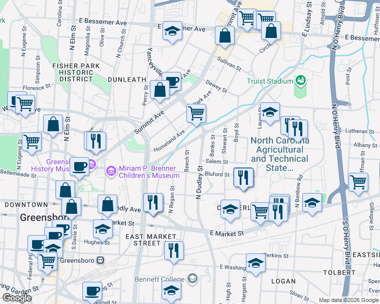 map of restaurants, bars, coffee shops, grocery stores, and more near 415 North Dudley Street in Greensboro