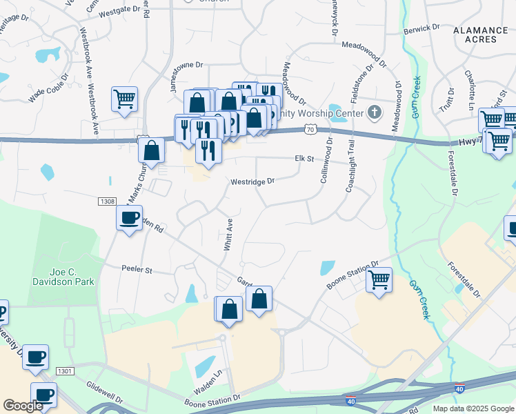 map of restaurants, bars, coffee shops, grocery stores, and more near 404 Collinwood Dr in Burlington