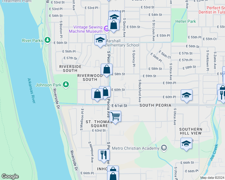 map of restaurants, bars, coffee shops, grocery stores, and more near 1312 East 60th Street in Tulsa