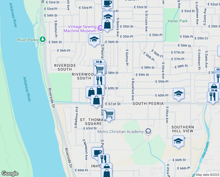 map of restaurants, bars, coffee shops, grocery stores, and more near 1318 East 60th Street in Tulsa