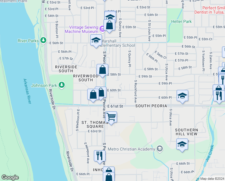 map of restaurants, bars, coffee shops, grocery stores, and more near 1326 East 60th Street in Tulsa