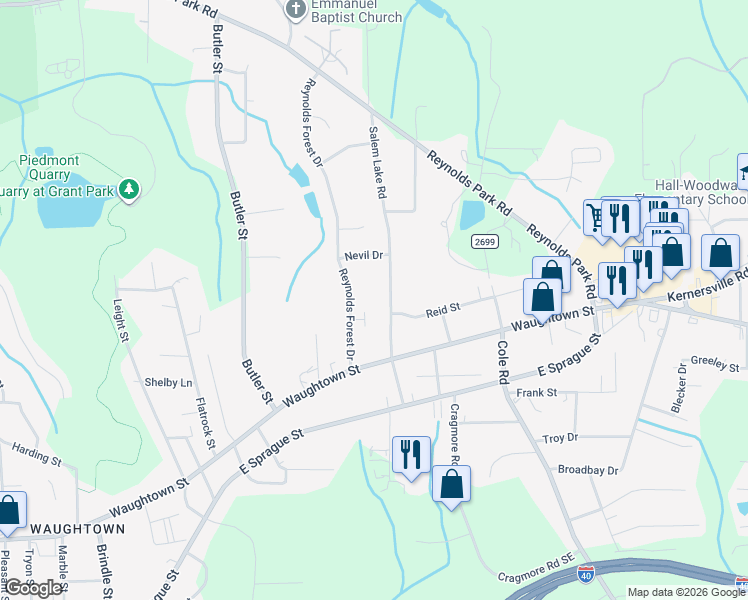 map of restaurants, bars, coffee shops, grocery stores, and more near 1545 Reynolds Forest Drive in Winston-Salem