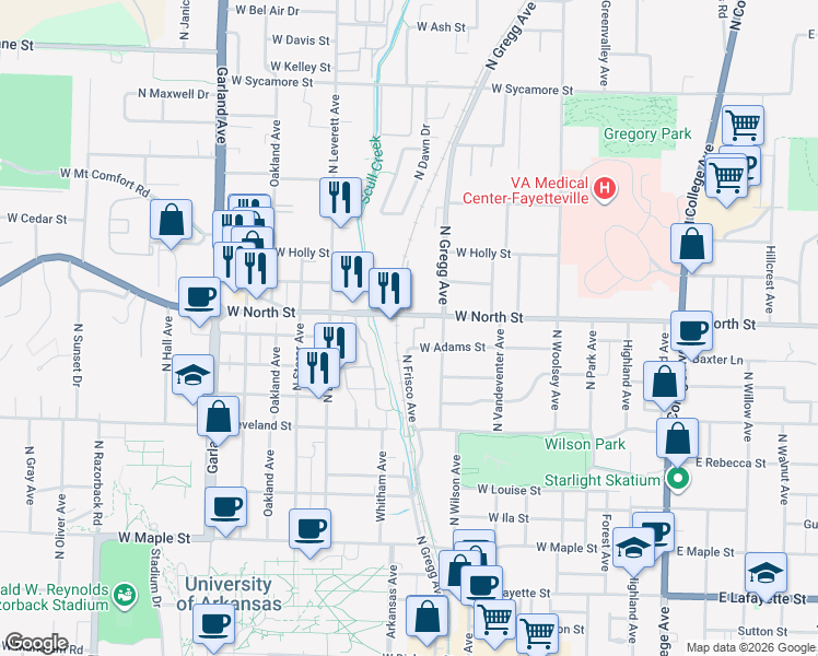 map of restaurants, bars, coffee shops, grocery stores, and more near Scull Creek Trail in Fayetteville