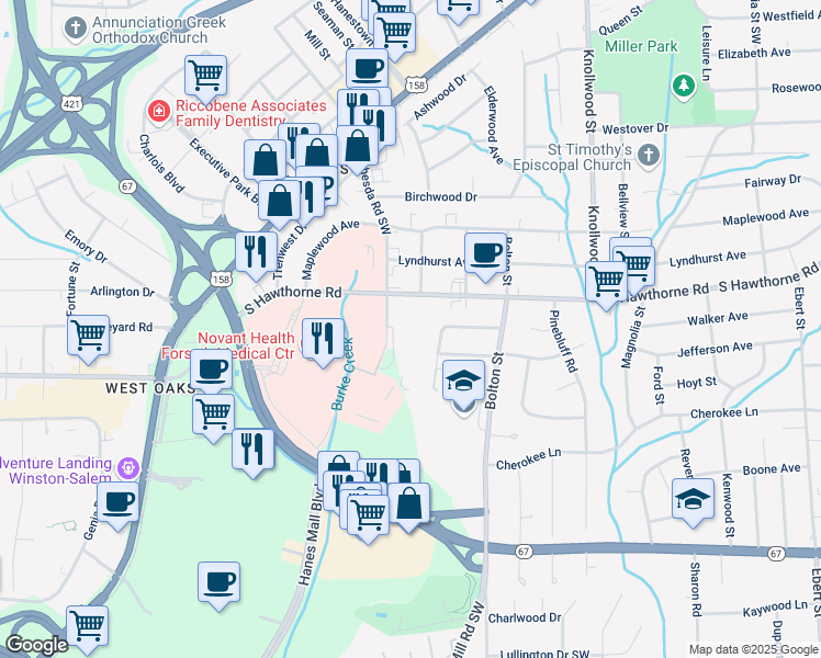 map of restaurants, bars, coffee shops, grocery stores, and more near 901 Bethesda Road Southwest in Winston-Salem
