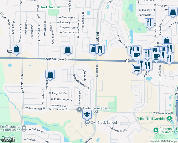 map of restaurants, bars, coffee shops, grocery stores, and more near 798 North Daisy Lane in Fayetteville