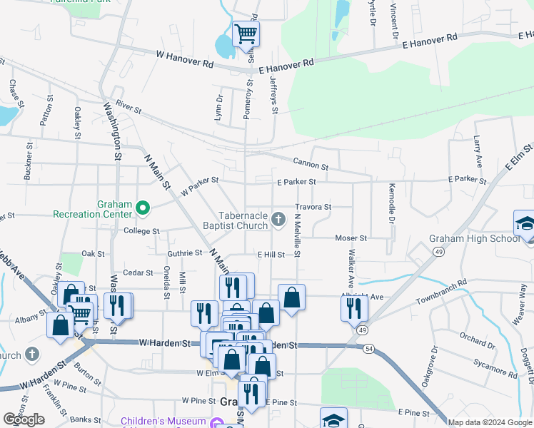 map of restaurants, bars, coffee shops, grocery stores, and more near 524 North Marshall Street in Graham