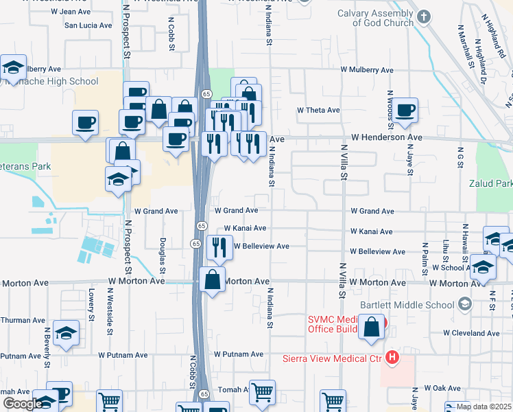 map of restaurants, bars, coffee shops, grocery stores, and more near 820 West Grand Avenue in Porterville