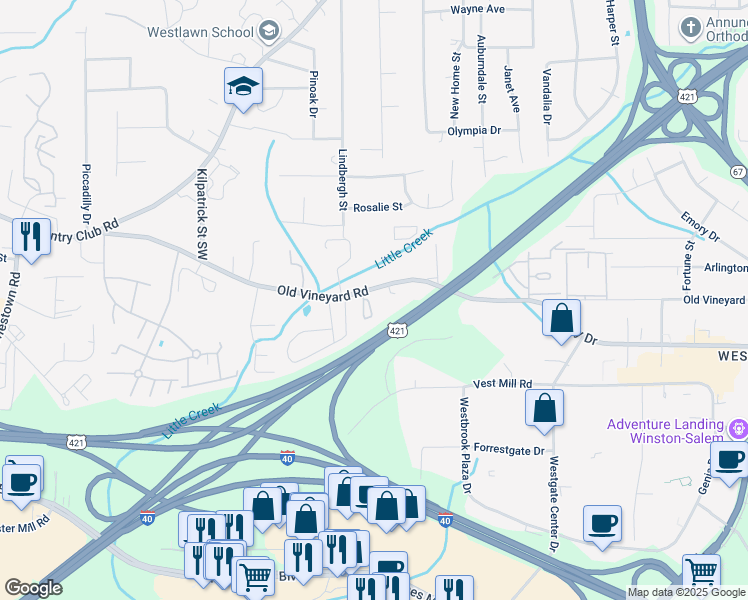 map of restaurants, bars, coffee shops, grocery stores, and more near 236 Olde Vineyard Court in Winston-Salem