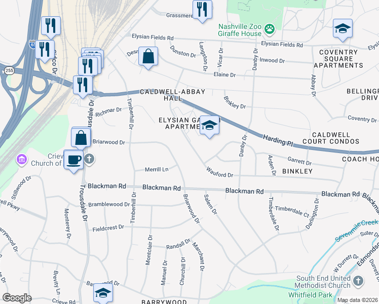 map of restaurants, bars, coffee shops, grocery stores, and more near 401 Wauford Drive in Nashville
