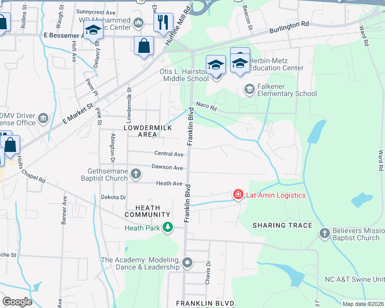 map of restaurants, bars, coffee shops, grocery stores, and more near 305 Franklin Boulevard in Greensboro