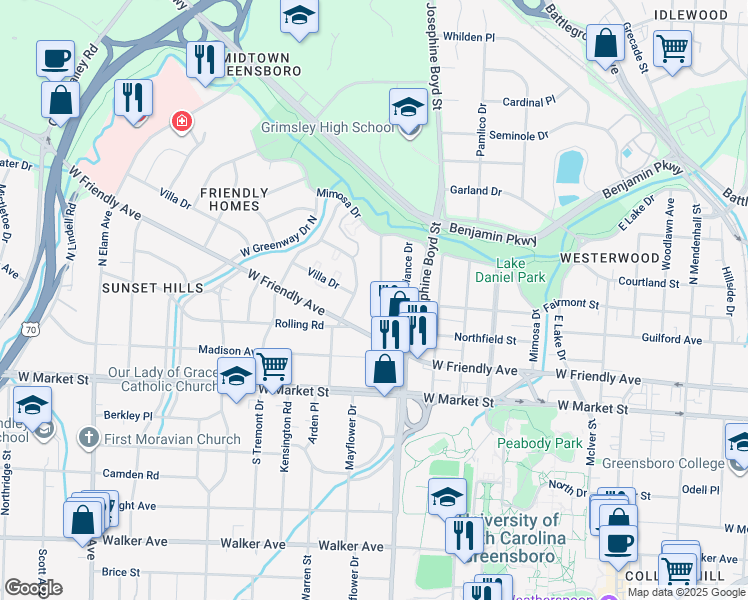 map of restaurants, bars, coffee shops, grocery stores, and more near 407 West Radiance Drive in Greensboro