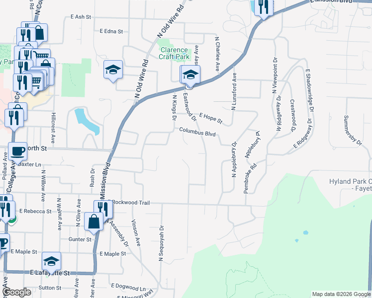 map of restaurants, bars, coffee shops, grocery stores, and more near 1000 North Crest Drive in Fayetteville