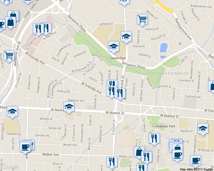 map of restaurants, bars, coffee shops, grocery stores, and more near 407 West Radiance Drive in Greensboro