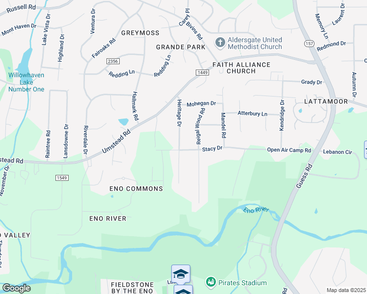map of restaurants, bars, coffee shops, grocery stores, and more near 4802 Heritage Drive in Durham