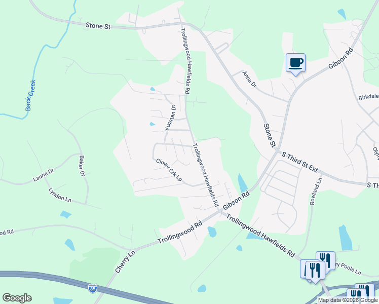 map of restaurants, bars, coffee shops, grocery stores, and more near 733 Trollingwood Road in Haw River