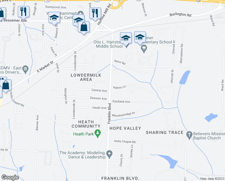 map of restaurants, bars, coffee shops, grocery stores, and more near 305 Franklin Boulevard in Greensboro