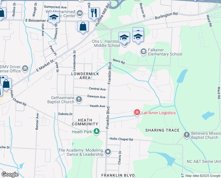 map of restaurants, bars, coffee shops, grocery stores, and more near 305 Franklin Boulevard in Greensboro