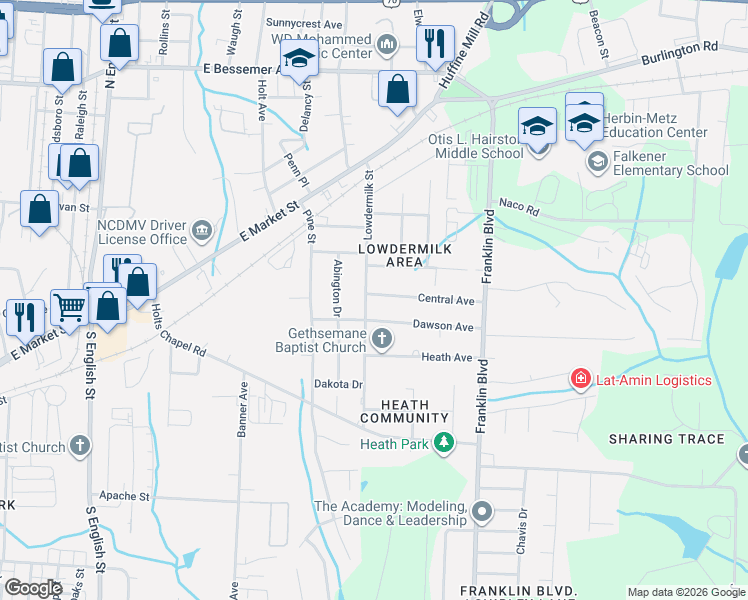 map of restaurants, bars, coffee shops, grocery stores, and more near in Greensboro