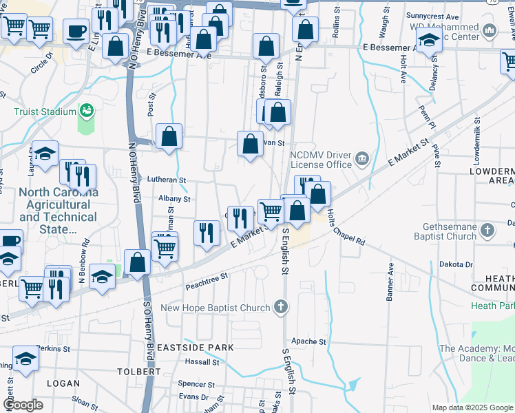 map of restaurants, bars, coffee shops, grocery stores, and more near in Greensboro