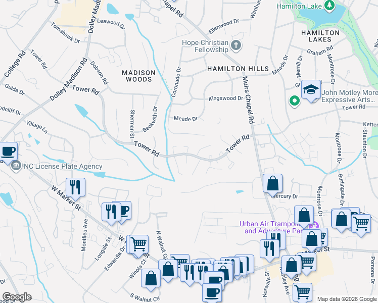 map of restaurants, bars, coffee shops, grocery stores, and more near 4915 Tower Road in Greensboro