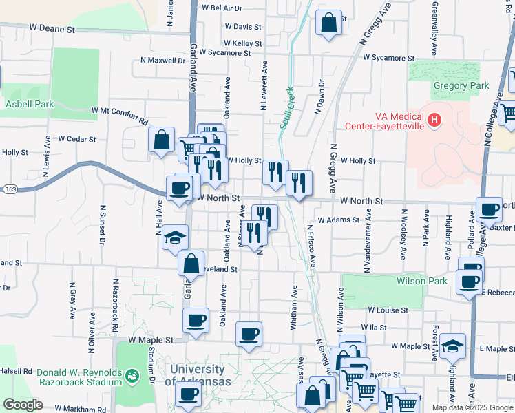 map of restaurants, bars, coffee shops, grocery stores, and more near 917 North Leverett Avenue in Fayetteville