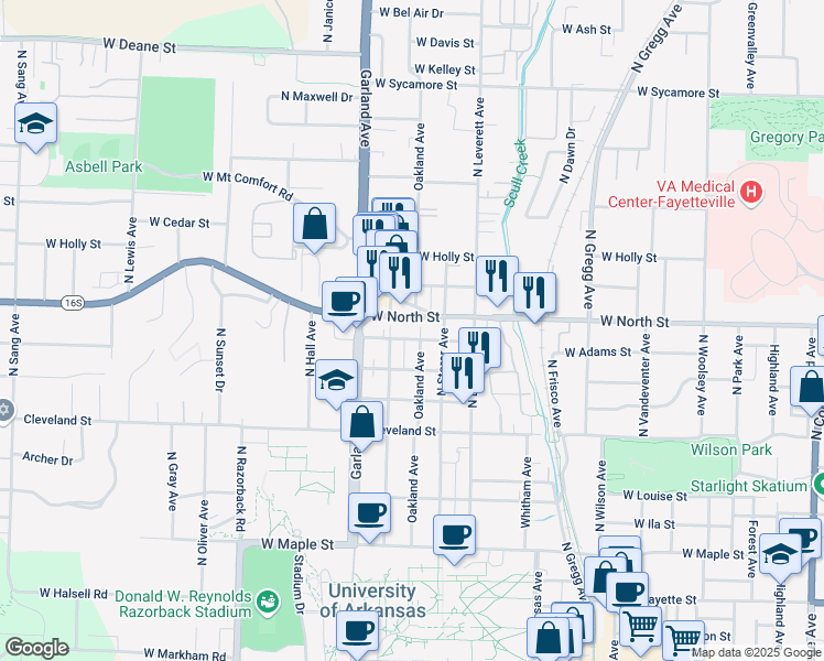 map of restaurants, bars, coffee shops, grocery stores, and more near 929 Oakland Avenue in Fayetteville