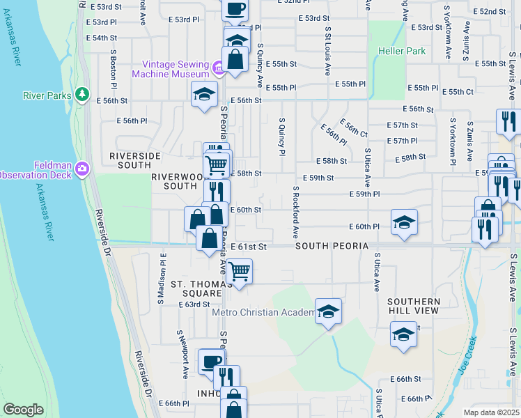 map of restaurants, bars, coffee shops, grocery stores, and more near 6011 South Quincy Avenue in Tulsa