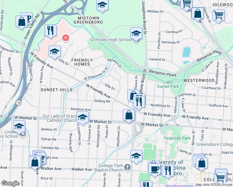 map of restaurants, bars, coffee shops, grocery stores, and more near 1712 West Friendly Avenue in Greensboro
