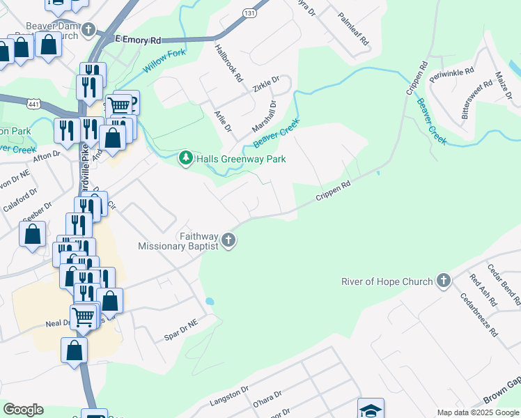 map of restaurants, bars, coffee shops, grocery stores, and more near 4512 Everwood Oak Lane in Knoxville