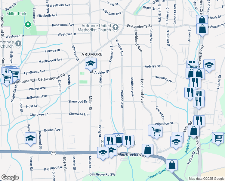 map of restaurants, bars, coffee shops, grocery stores, and more near 1126 Fenimore Street in Winston-Salem