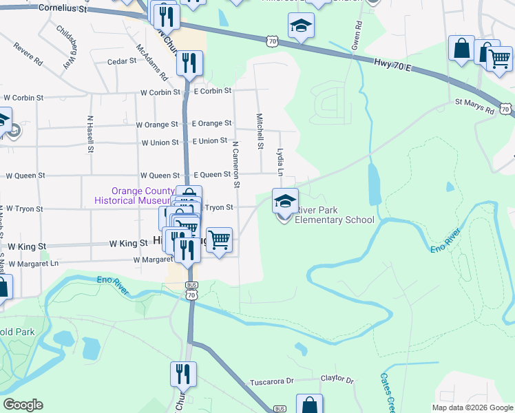 map of restaurants, bars, coffee shops, grocery stores, and more near Saint Marys Road in Hillsborough