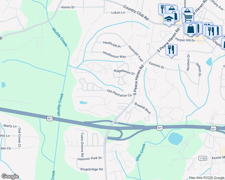 map of restaurants, bars, coffee shops, grocery stores, and more near 201 Ivystone Court in Winston-Salem