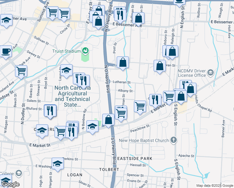 map of restaurants, bars, coffee shops, grocery stores, and more near 2005 Byrd Street in Greensboro