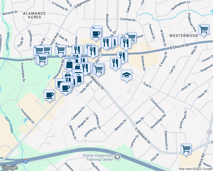 map of restaurants, bars, coffee shops, grocery stores, and more near 3615 South Mebane Street in Burlington