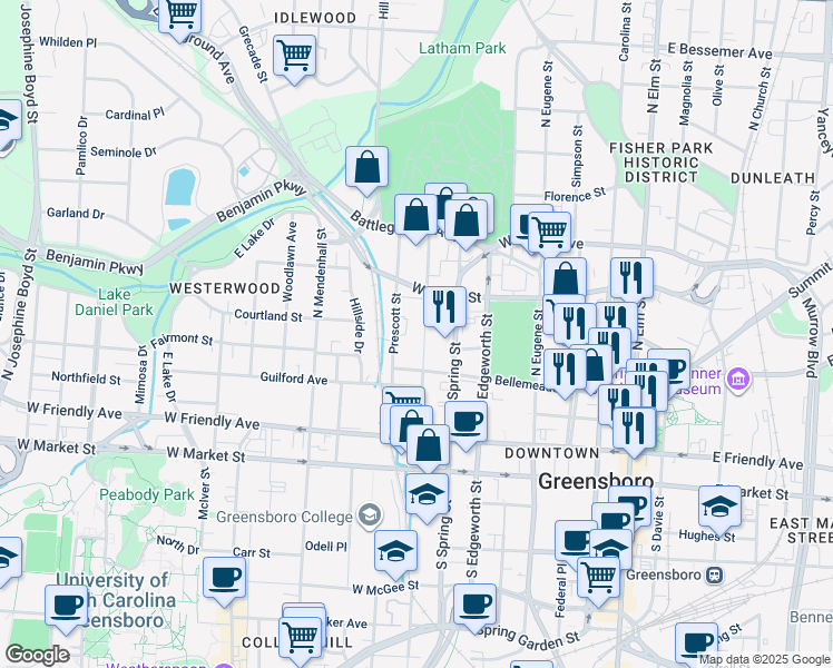 map of restaurants, bars, coffee shops, grocery stores, and more near 413 North Cedar Street in Greensboro