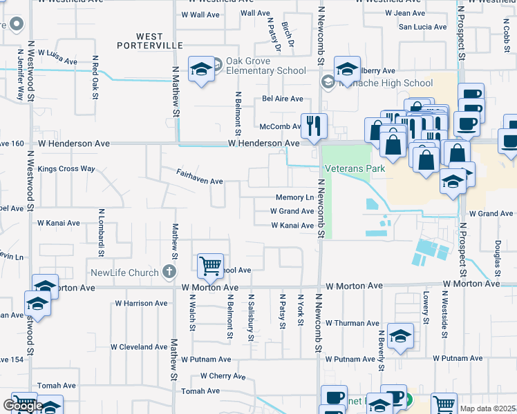 map of restaurants, bars, coffee shops, grocery stores, and more near 1750 West Kanai Avenue in Porterville
