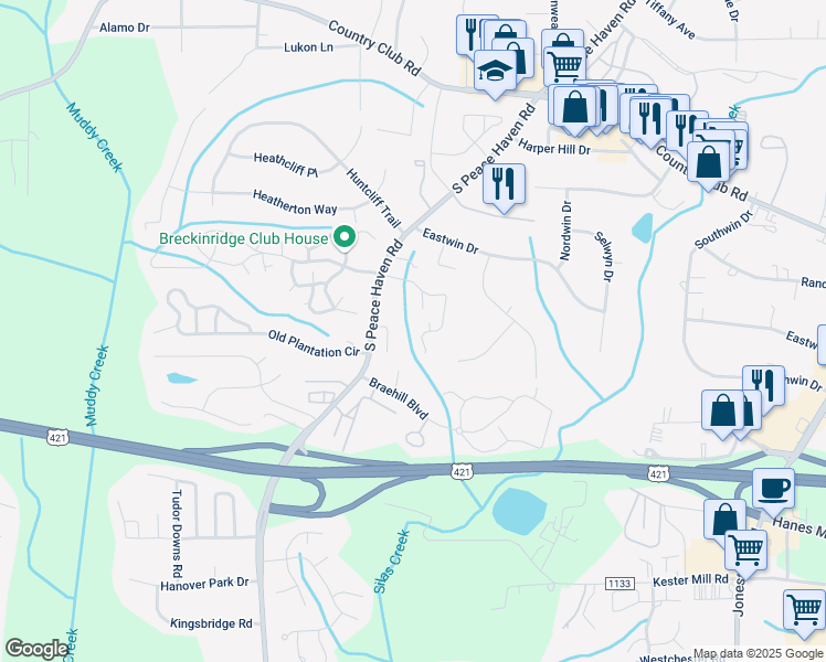 map of restaurants, bars, coffee shops, grocery stores, and more near 4932 Juniper Way in Winston-Salem