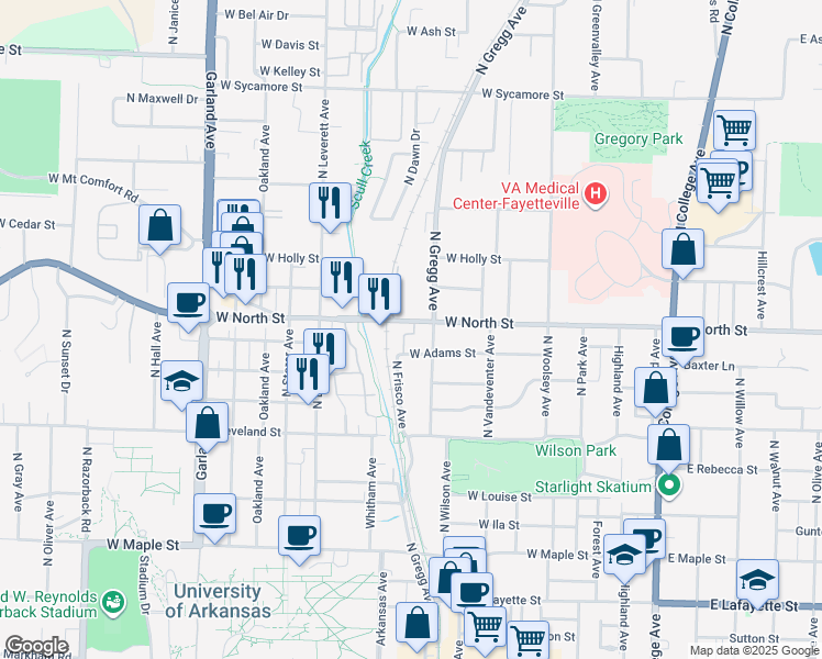 map of restaurants, bars, coffee shops, grocery stores, and more near 626 West Adams Street in Fayetteville