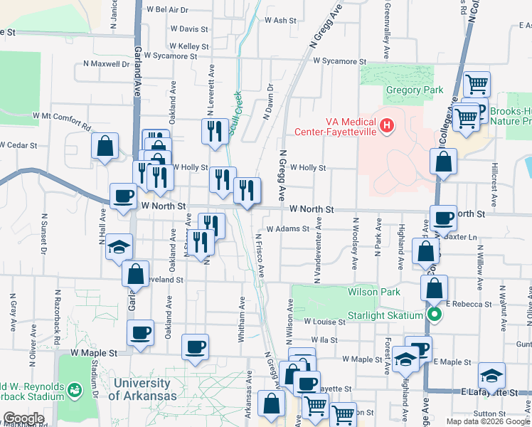 map of restaurants, bars, coffee shops, grocery stores, and more near 626 West Adams Street in Fayetteville
