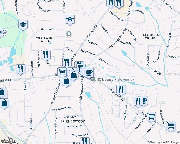 map of restaurants, bars, coffee shops, grocery stores, and more near 5656 West Market Street in Greensboro