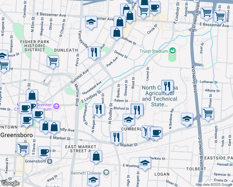 map of restaurants, bars, coffee shops, grocery stores, and more near 400 Banks Street in Greensboro