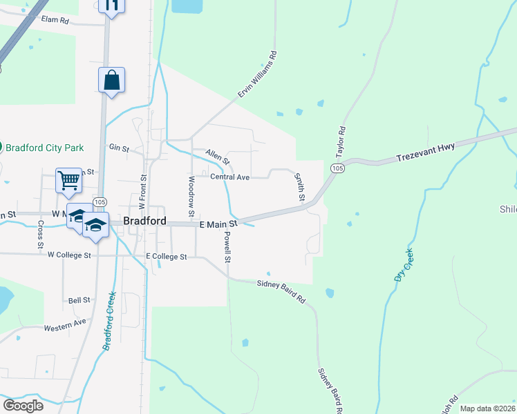 map of restaurants, bars, coffee shops, grocery stores, and more near 439 East Main Street in Bradford
