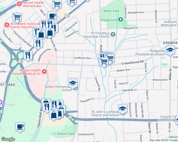 map of restaurants, bars, coffee shops, grocery stores, and more near 2737 Wildwood Court in Winston-Salem