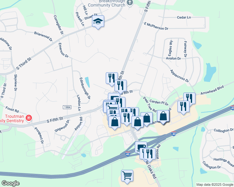 map of restaurants, bars, coffee shops, grocery stores, and more near 520 Mebane Oaks Road in Mebane