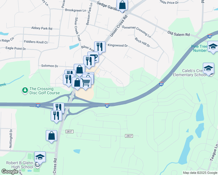 map of restaurants, bars, coffee shops, grocery stores, and more near Interstate 40 in Kernersville