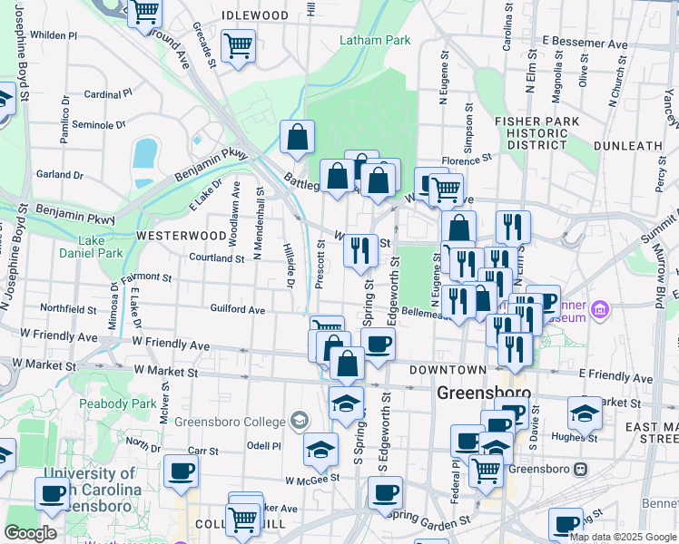 map of restaurants, bars, coffee shops, grocery stores, and more near 413 North Cedar Street in Greensboro