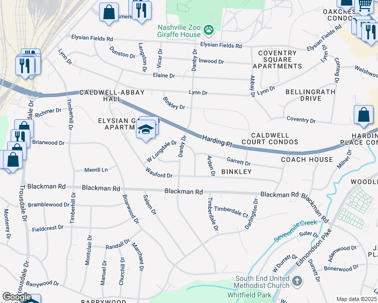map of restaurants, bars, coffee shops, grocery stores, and more near 4809 East Longdale Drive in Nashville