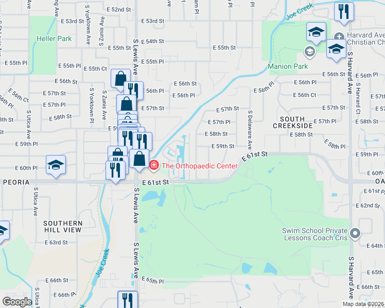 map of restaurants, bars, coffee shops, grocery stores, and more near 5920 South Atlanta Place in Tulsa