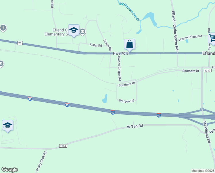 map of restaurants, bars, coffee shops, grocery stores, and more near 405 Watson Road in Efland